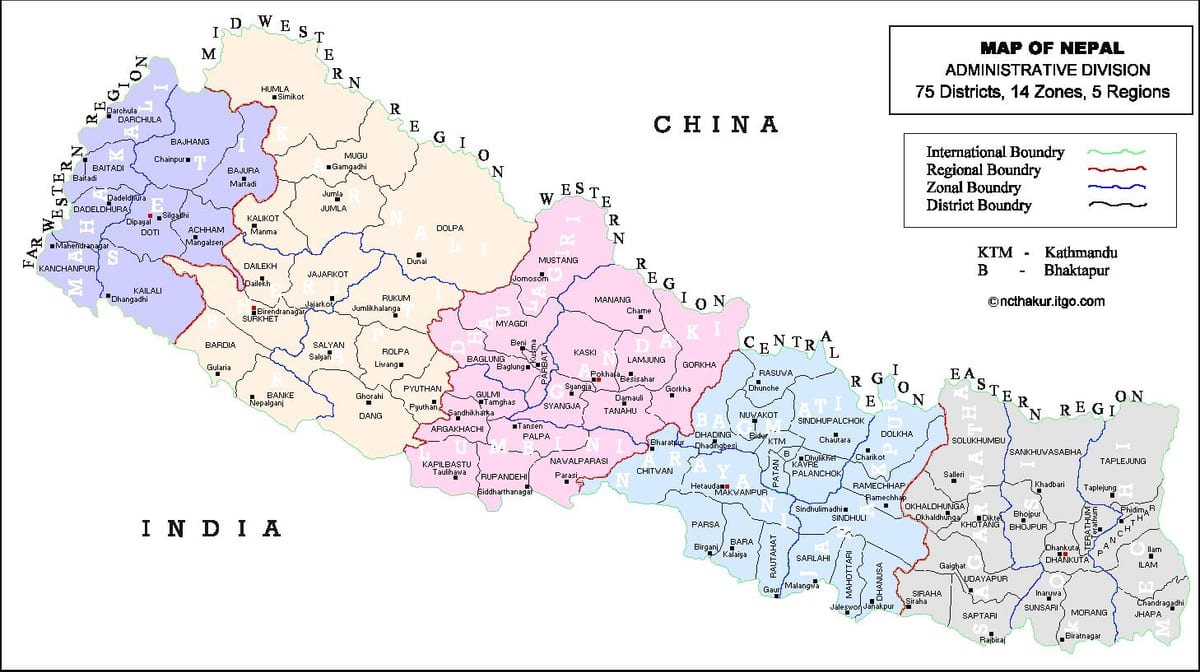 Nepal 75 rayonu xəritədə